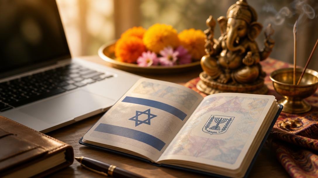 דרכון, מחשב נייד וסמלים הודיים צבעוניים — הוצאת ויזה להודו